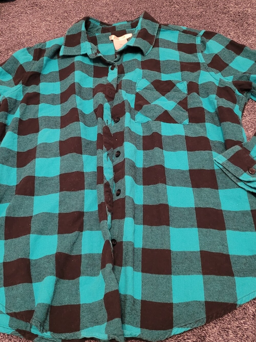K. Jordan Women’s 1X Teal Black Buffalo Plaid Flannel Shirt 100% Cotton